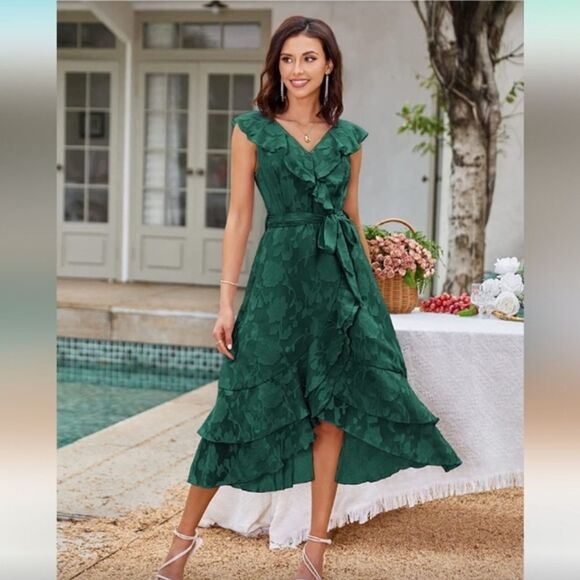 Grace Karin Dresses & Skirts - Grace Karin Green Wrap Midi Dress Ruffled High Low Hem